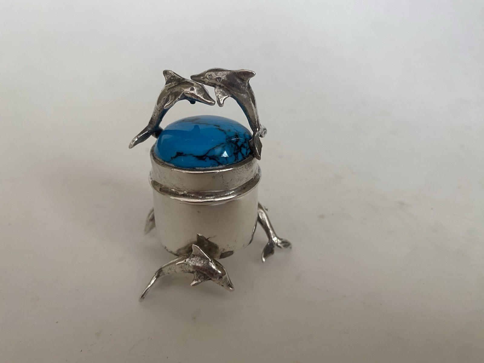 Southwestern Sterling Silver Turquoise Stone Sculpted Dolphins Trinket Pill Box