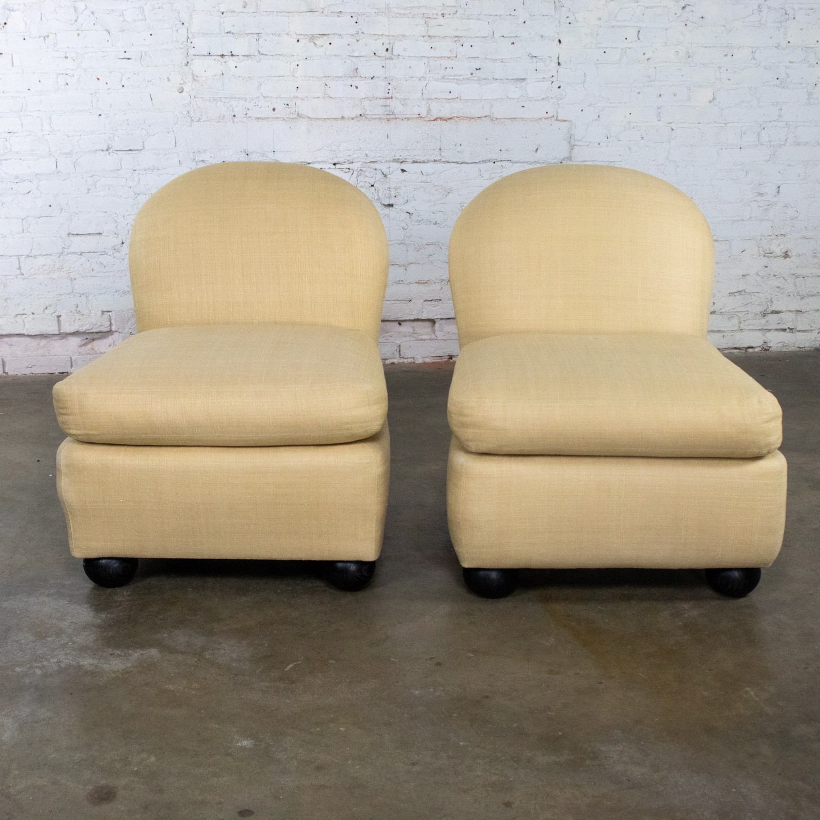 Vintage Modern Round Back Slipper Chairs by Hickory Kay Lyn Tan Upholstery Pair