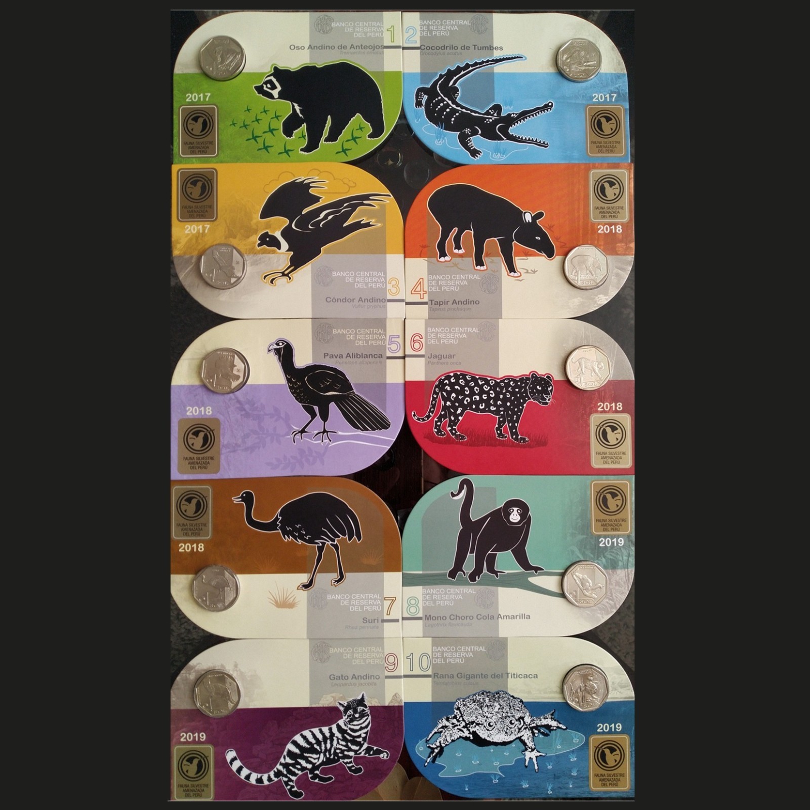 COIN PERU NUMISMÁTICA FAUNA SILVESTRE AMENAZADA DEL PERÚ 2017-2019 COIN CARD UNC
