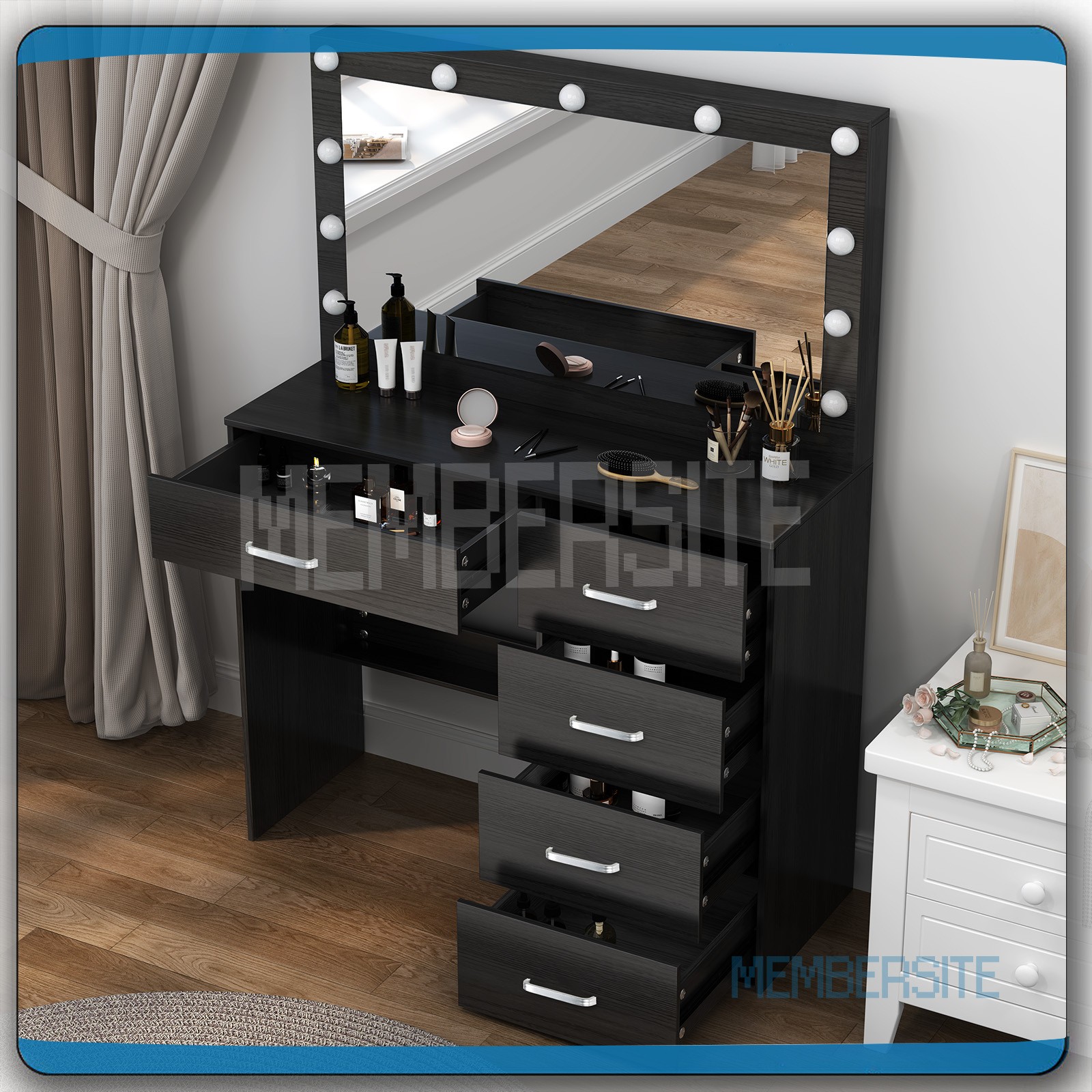 Makeup Vanity Table with Large Lighted Mirror & 11 LED Bulbs Black Dressing Desk