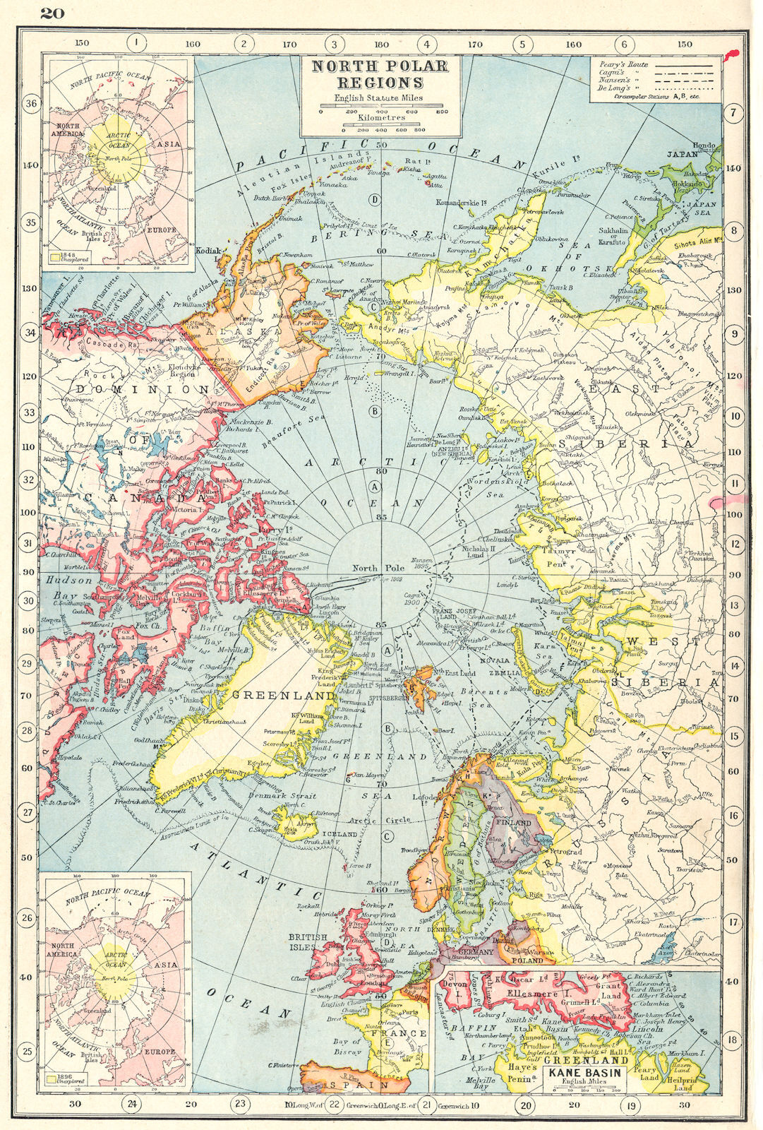 ARCTIC. North Pole showing explorers’ routes. Inset Kane Basin 1920 old map