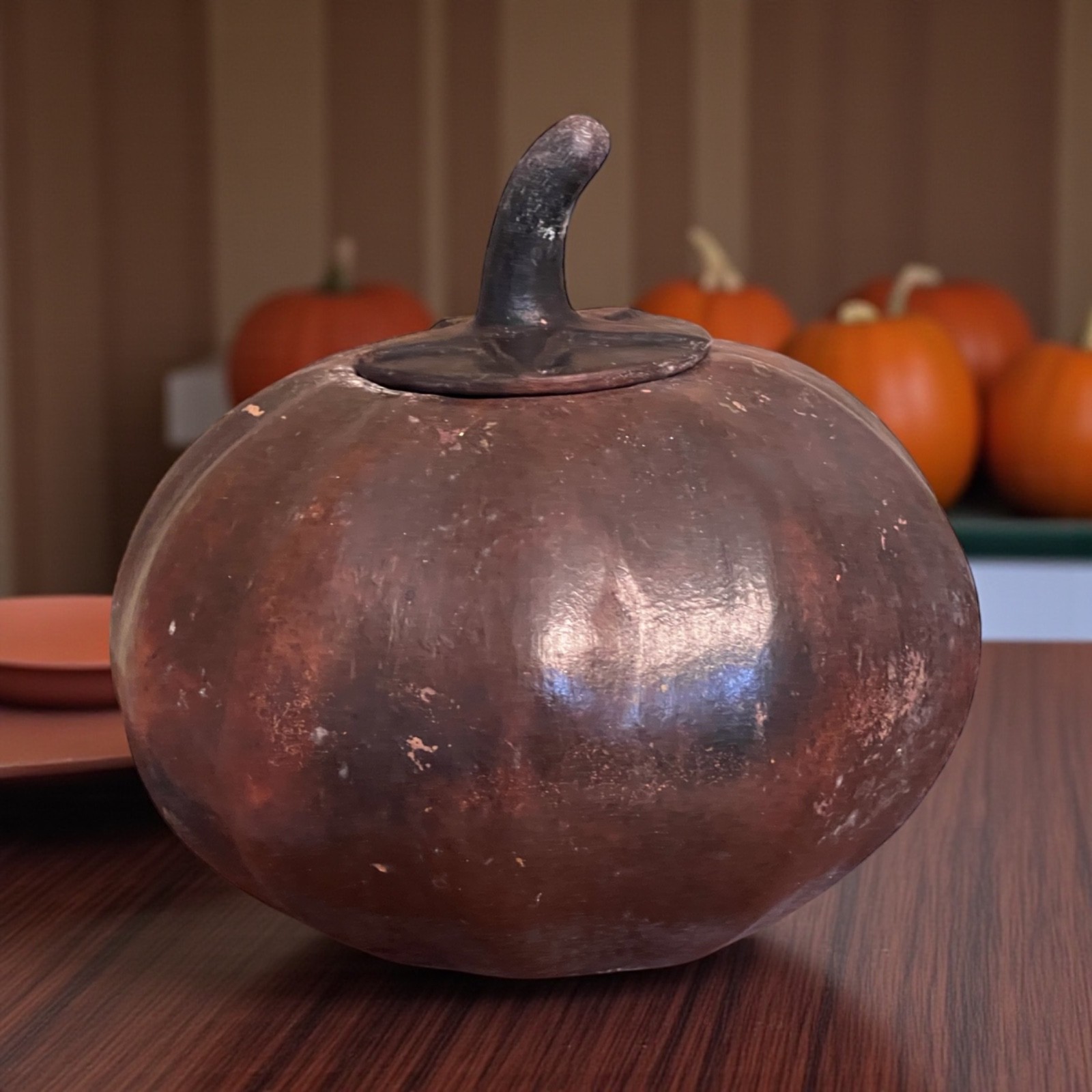Antique Glazed Earthenware Primitive Large Lidded Harvest Pumpkin Container