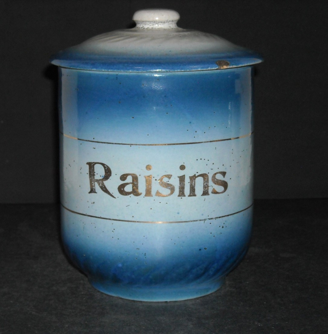 Antique Blue & White Covered “Raisins” Canister Jar Stoneware Salt Glaze Pottery