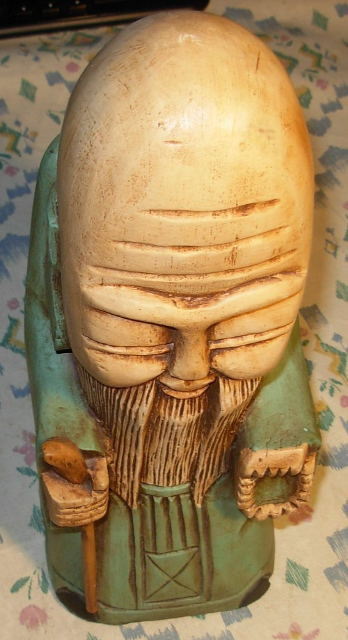 Old 12” Tall Eastern wise Man standing Wood Carved Asian wood art green Bank