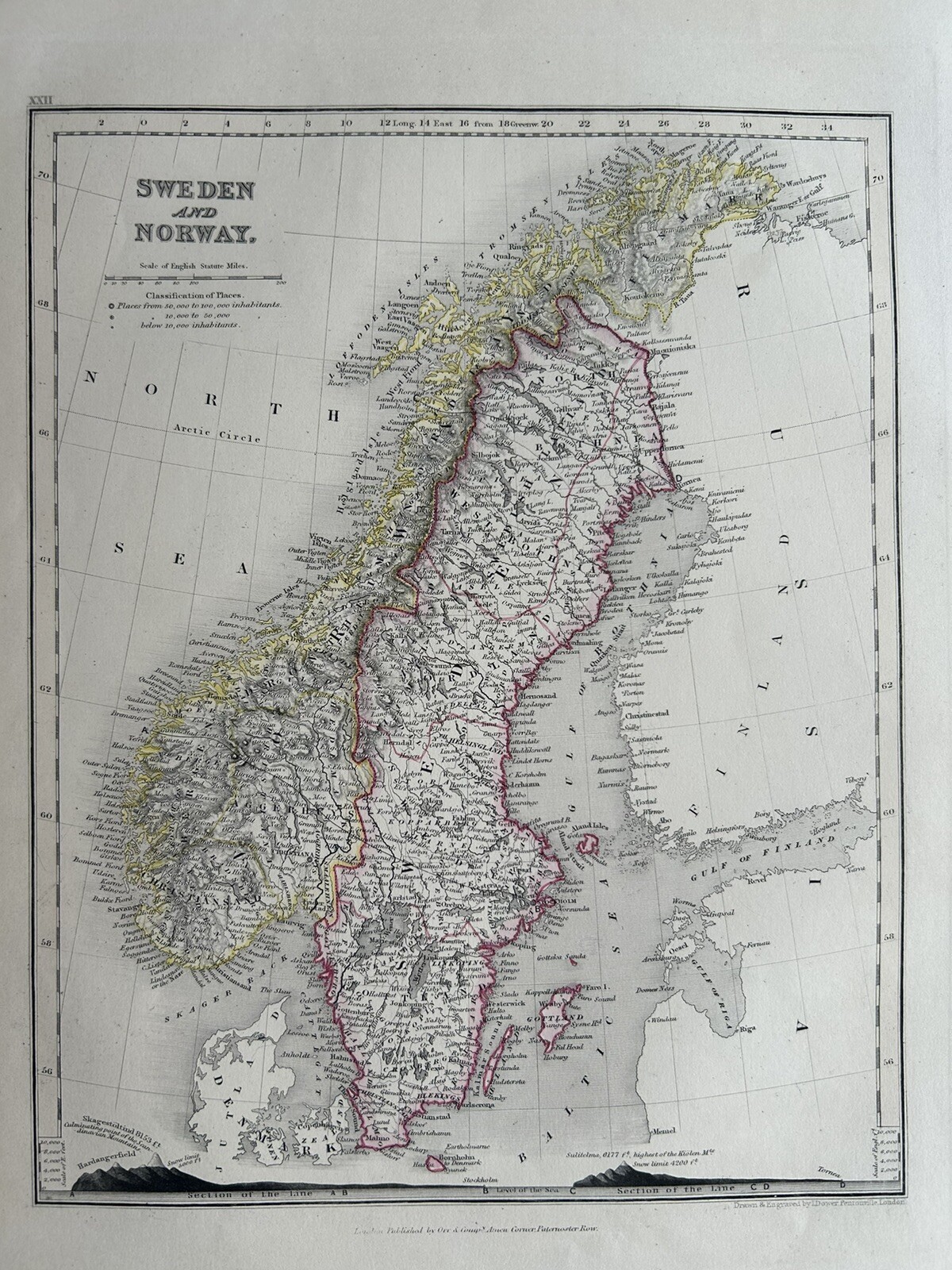 1851 Sweden & Norway Hand Coloured Antique Map By John Dower Showing Mountains