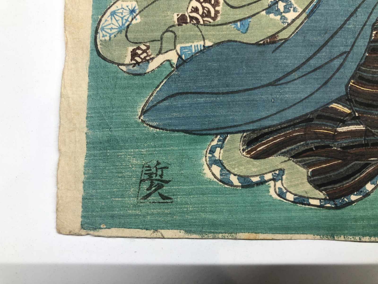 Toyokuni Woodblock Print: Tale of Genji? Beauty on balcony