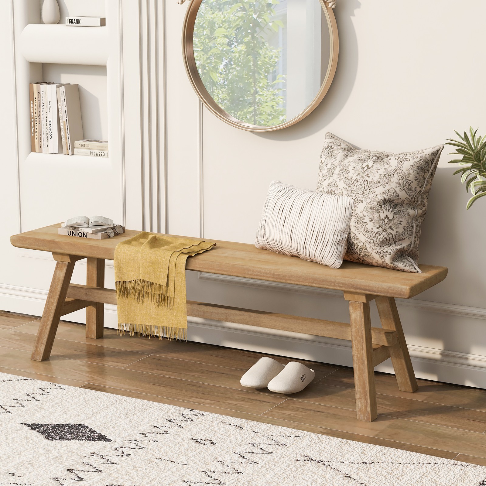 This solid wood bench measures 55“ with built-in storage for indoor spaces