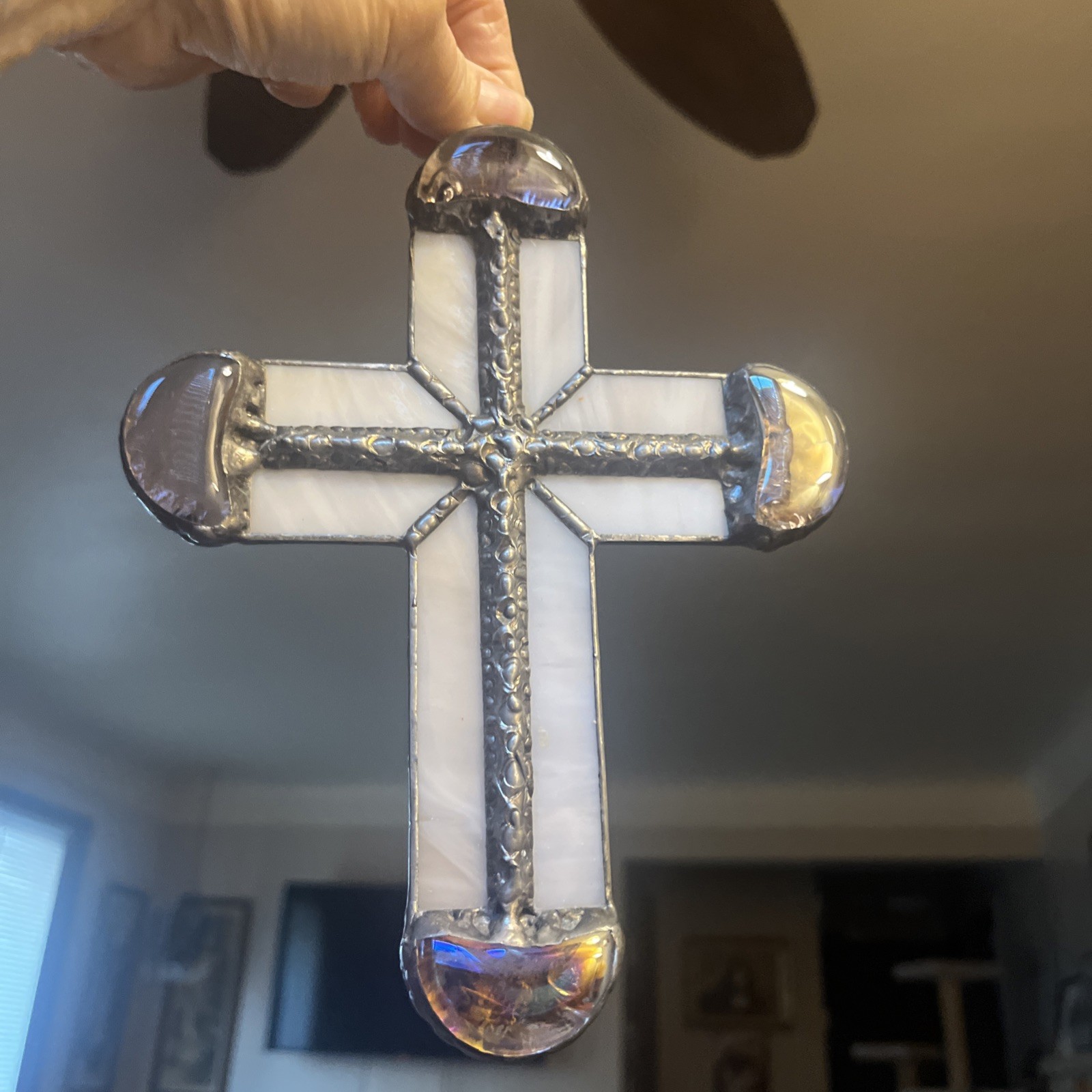 Beveled Leaded Glass Cross White & Purple Ornate Metal Design Hilights The glass