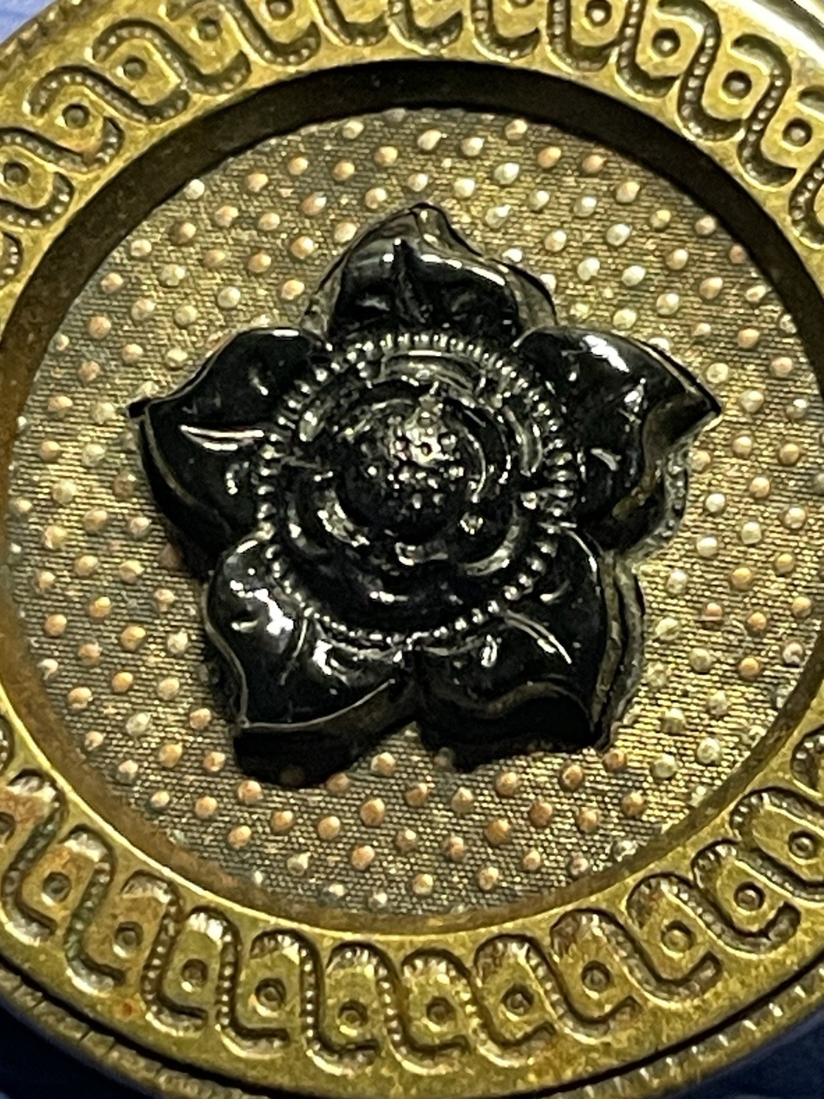 Antique Black Glass In Metal Floral Brass Button