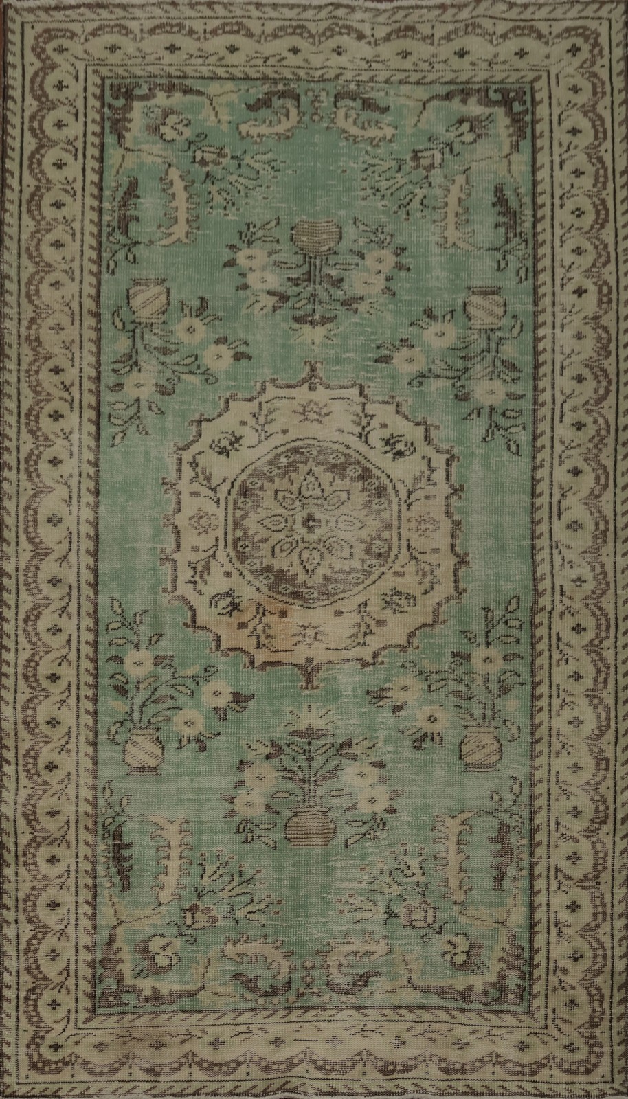 Hand-Knotted Green Anatolian Area Rug 5×8 Ft Medallion Floral Wool Carpet