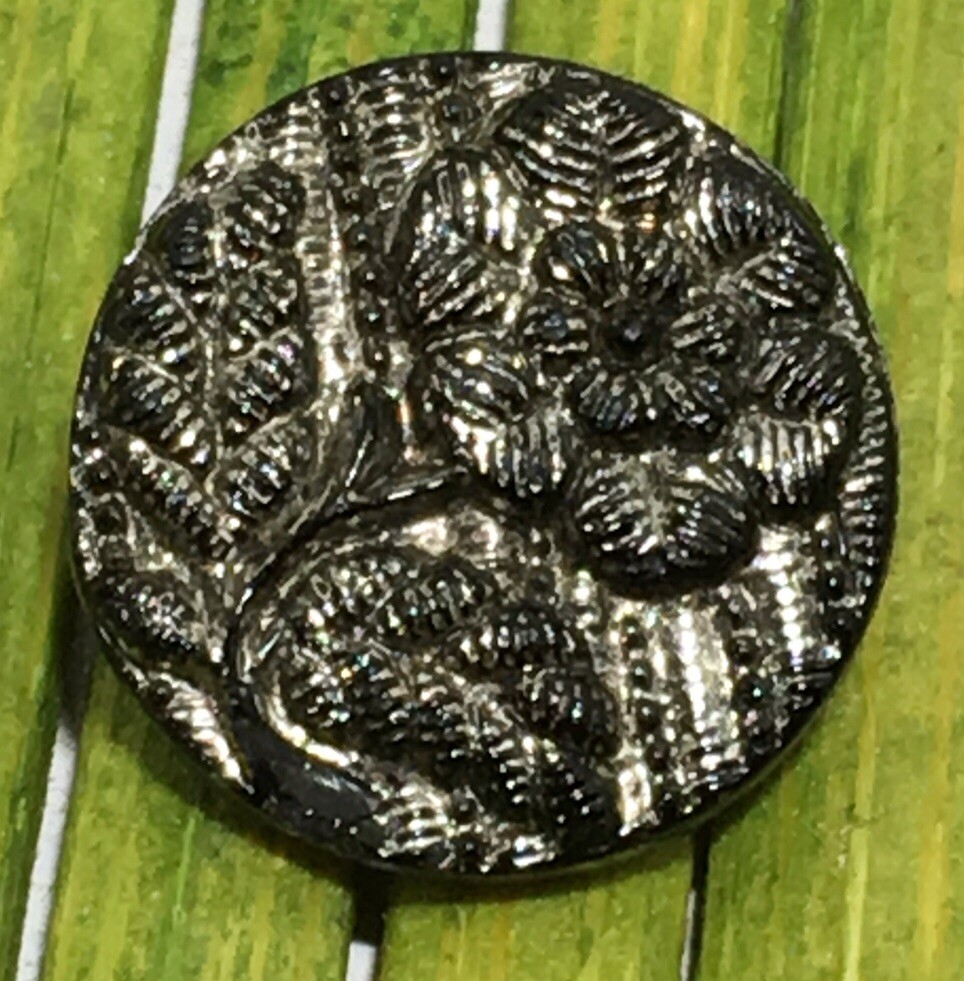 Antique Black Glass Button Silver Luster Flower Lacey Relief Tunnel Shank 1/2″