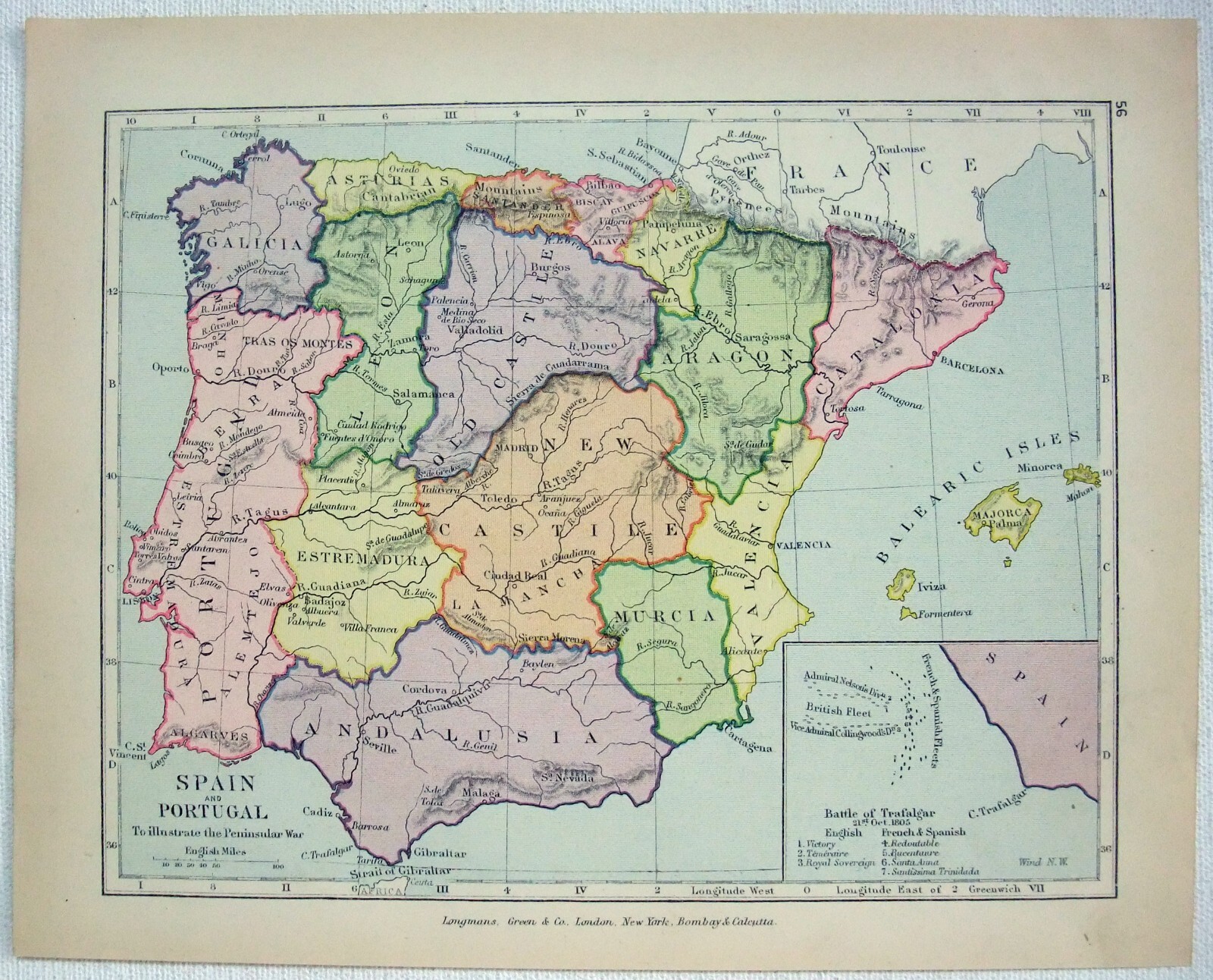 Vintage Map of Spain, Portugal & the Battle of Trafalgar by Longmans Green 1907