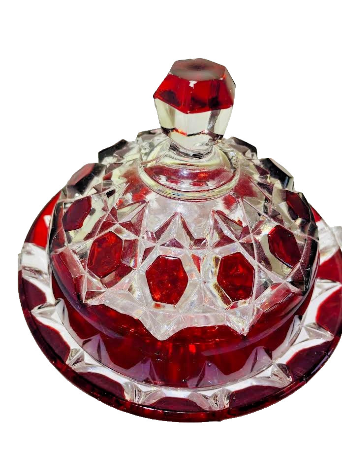 EAPG CLEAR with ruby stain BRYCE “RED BLOCK” COVERED BUTTER DISH 1890’s Doyal Co