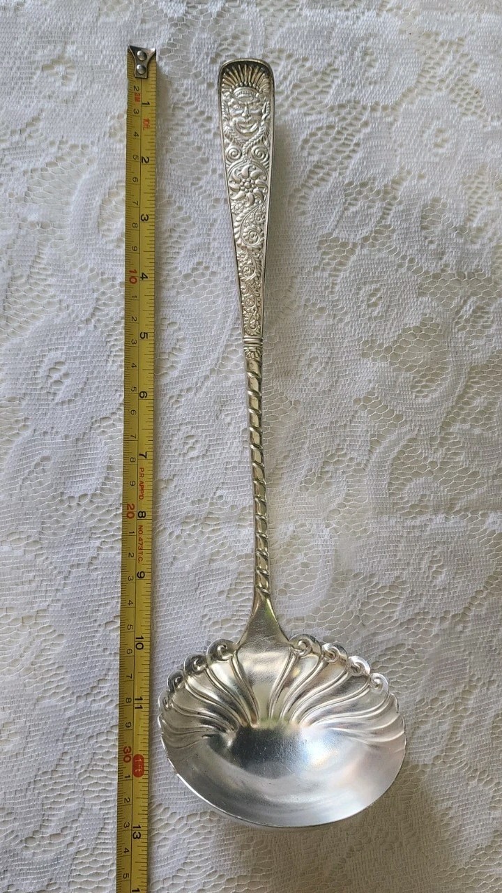 😜 ANTIQUE c1886 ASSYRIAN HEAD PATTERN “12.25” SILVERPLATED SOUP 🍲 LADLE 🔎👀