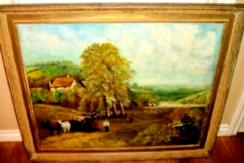 Antique Germany Oil Painting Landscape Pastoral Cattle Figural HUGE Folk Art