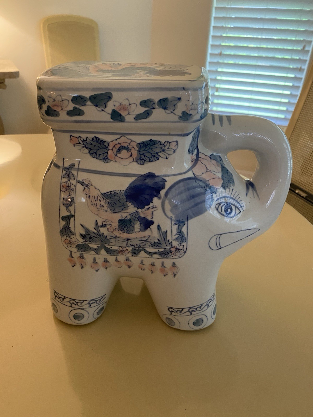 Blue White Pink Floral Ceramic Elephant Garden Stool Seat Chinese Style Vintage