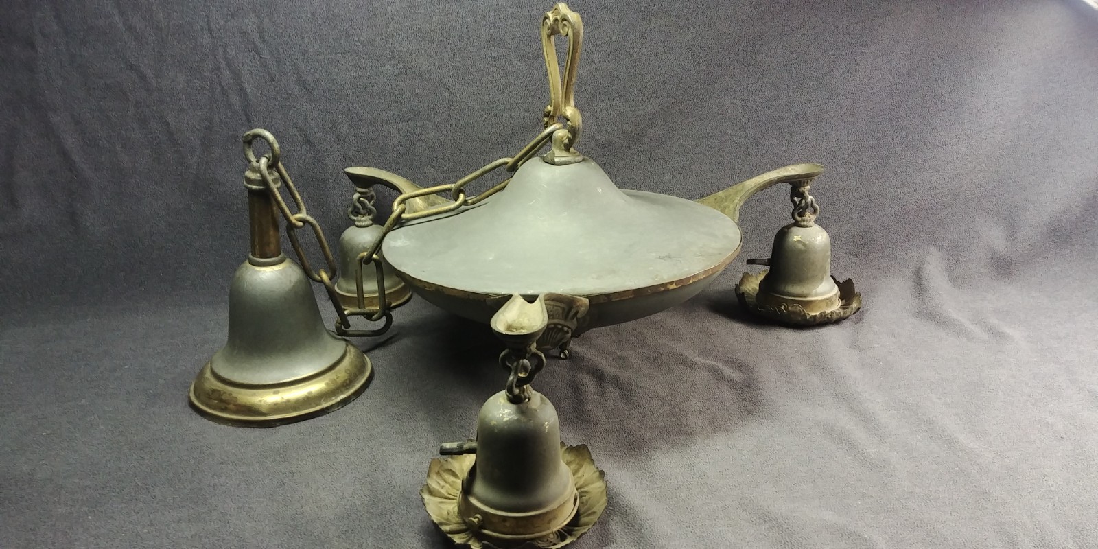 1920s Brass Pan Light Chandelier Gray Gold Bracket Collar Bryant Socket Antique