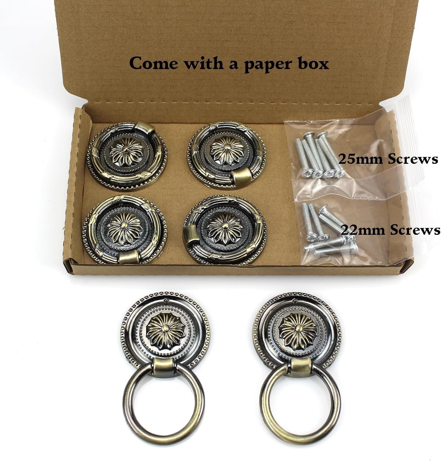 6 Pack Antique Bronze Drawer Pull Rings Round Dresser Cabinet Handles 1.77″