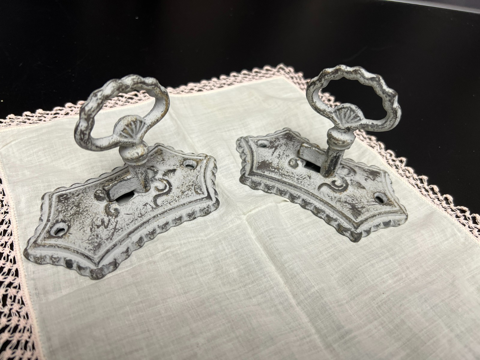 Vintage Pair Key Shapped Coat Hooks / Hangers Metal Gray/Green Distressed Finish