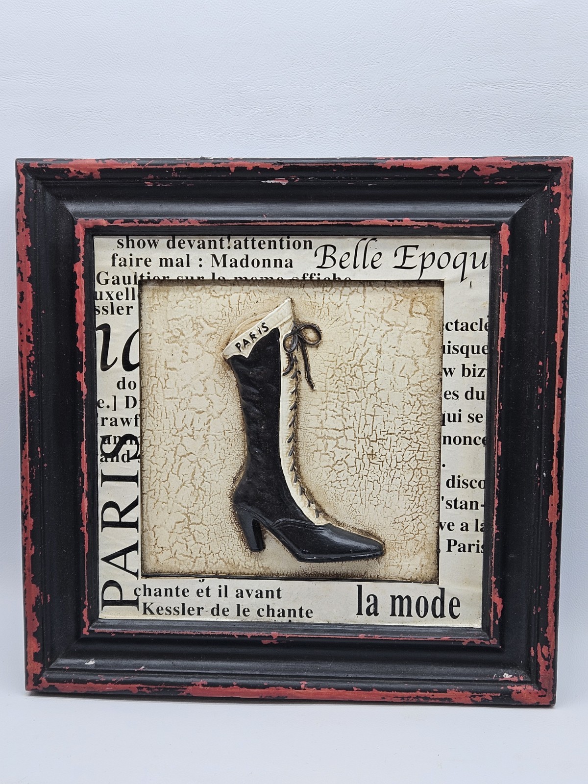 PARIS FRANCE 3D VICTORIAN STYLE LACE BOOT RESIN WALL HANGING FRAMED 9.5 x 9.5″