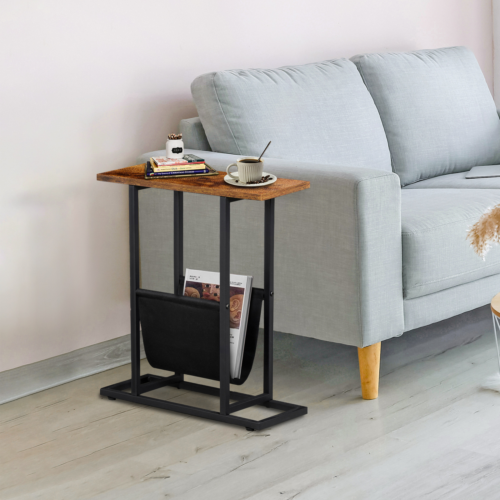 Narrow Side Table for Small Spaces w/Metal Frame Magazine Holder Rustic Brown
