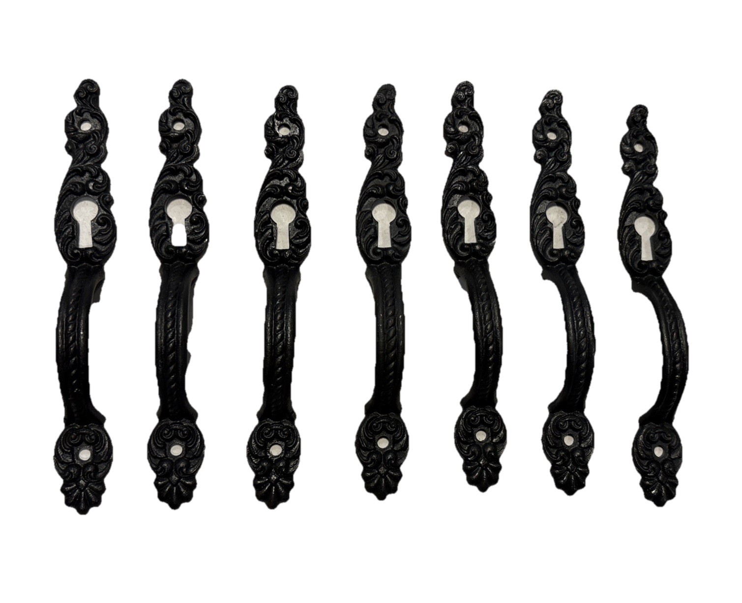 7 Vtg. Black Metal Door Handle Pull Skeleton Key Hole