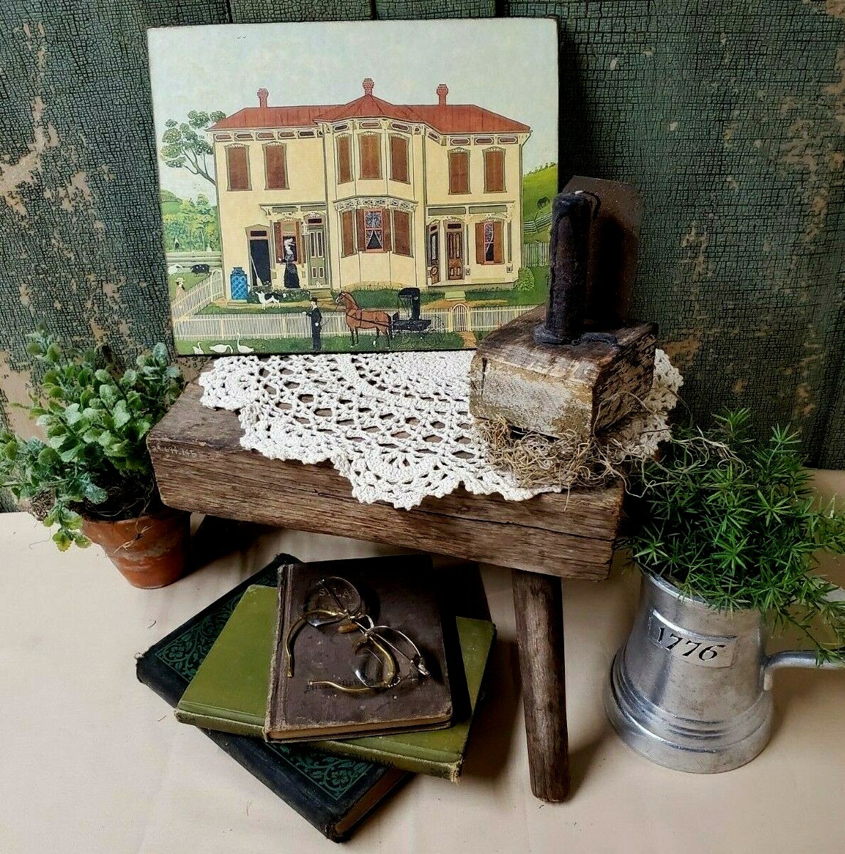 COLONIAL PRIMITIVE VICTORIAN VINTAGE FOLK ART STYLE HOUSE HORSE 8X10 CANVAS