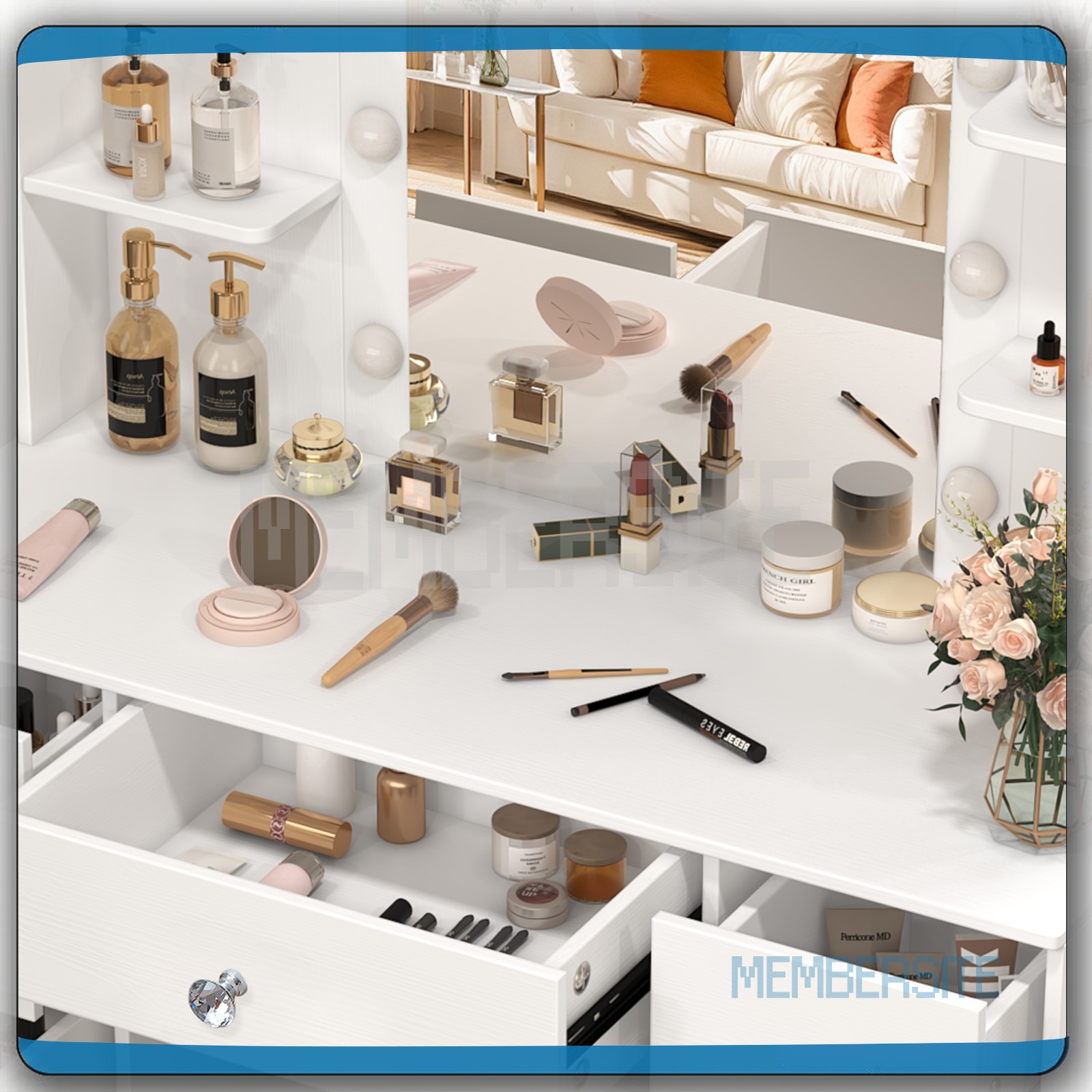 Vanity Set with LED Lights Mirror ,7 Drawers &Crystal Pull Makeup Vanity Table