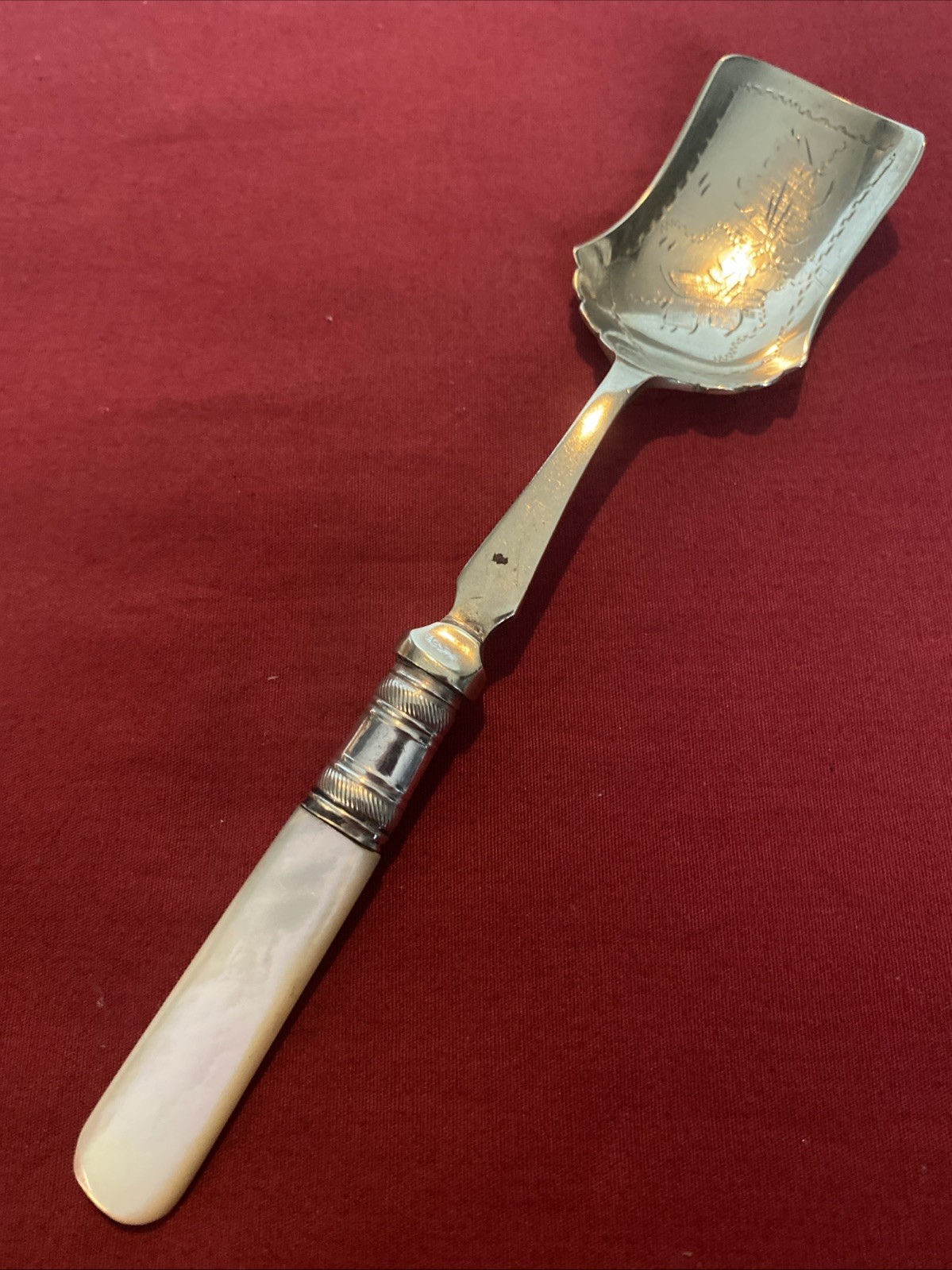 Antique Silver Plate & Mother Of Pearl Sugar Scoop, Harrison Fisher & Co. c.1900