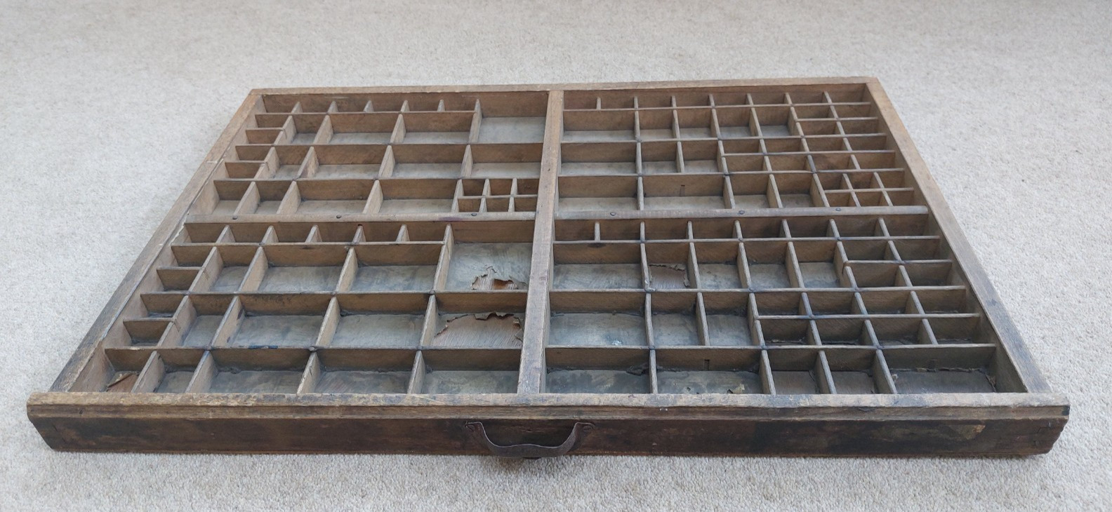 Vintage French printers tray, divided letterpress drawer, metal cup handle