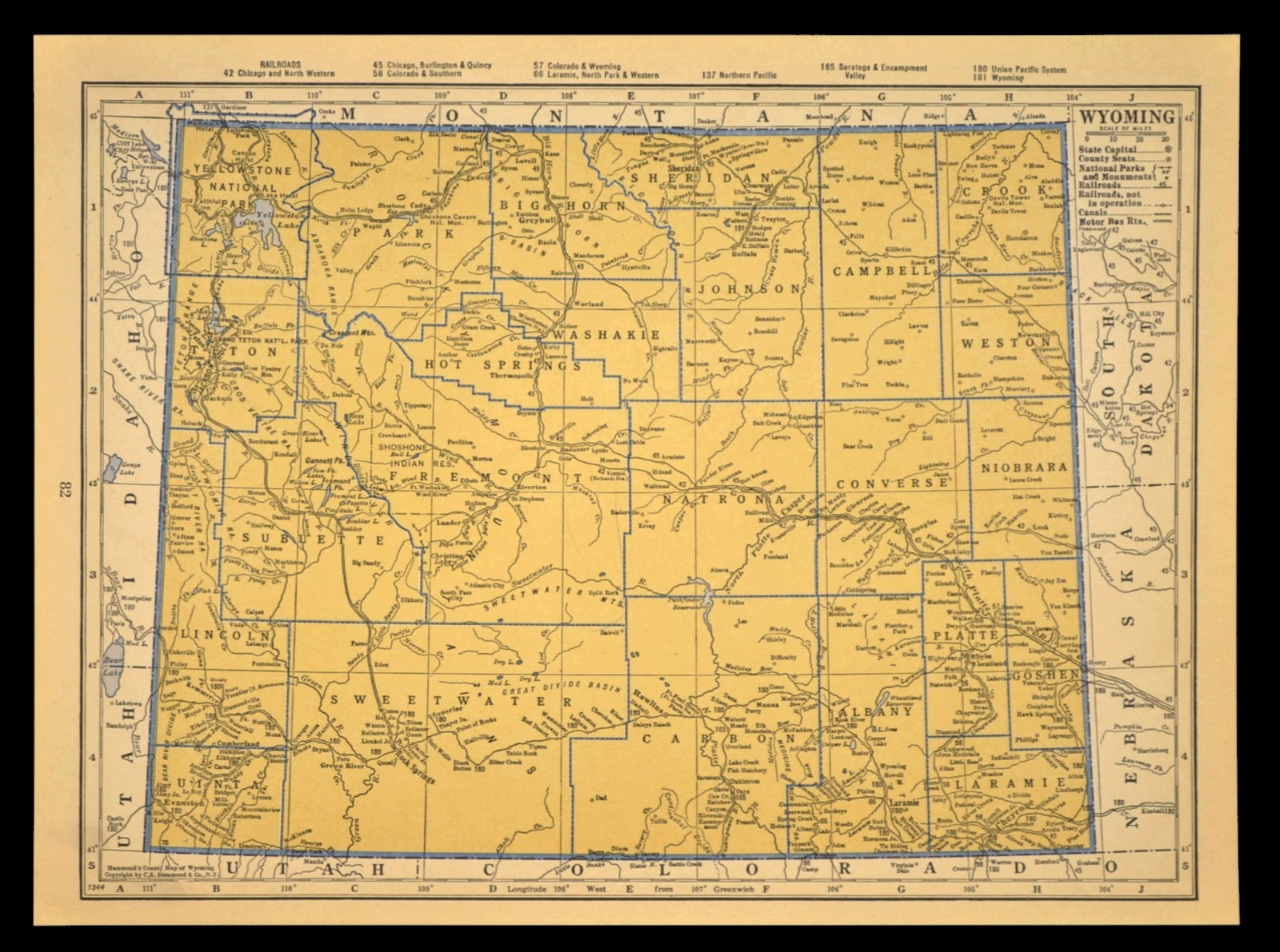 ca1939 WYOMING Railroad Map Original Atlas Map Depot Towns CBQ RR Historic