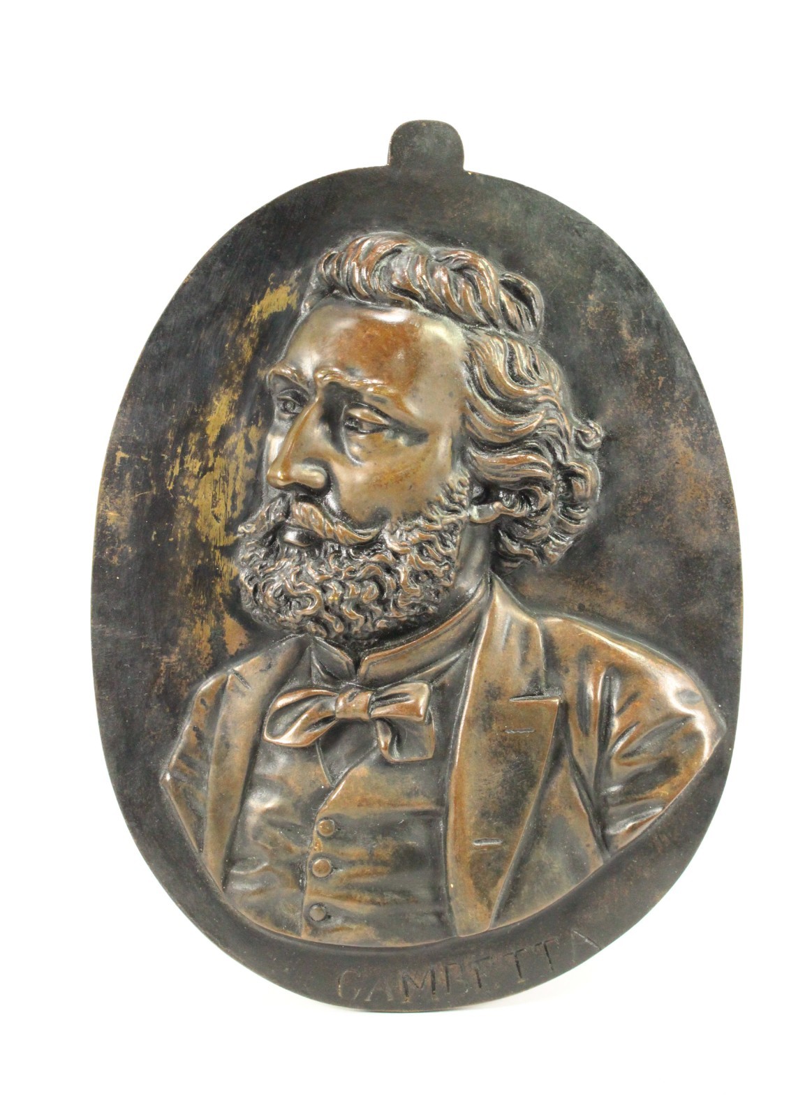 = 19th C Lg Bronze Bas-Relief Wall Medallion Portrait Leon Gambetta (1838-82)