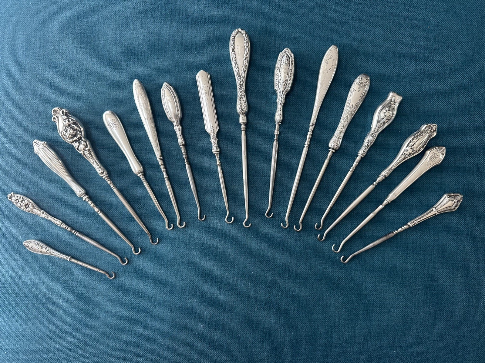 Lot of 16 Sterling Silver Button Hooks, GORHAM, BARKER BROS, ALVIN, WEBSTER