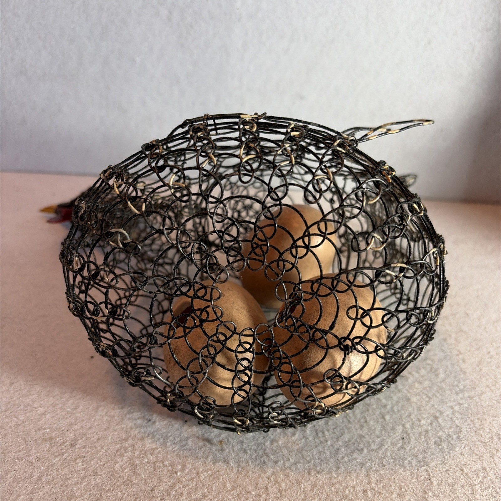 Primitive Wire Chicken Egg Basket with 3 Ceramic Eggs