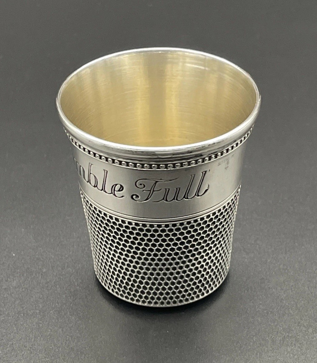 Thomae Co Sterling Silver “Only a Thimble full” Shot Glass No Monogram Barware