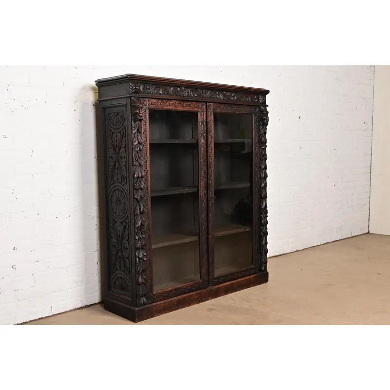 R. J. Horner Style Antique Victorian Carved Oak Bookcase Cabinet, Circa 1880s