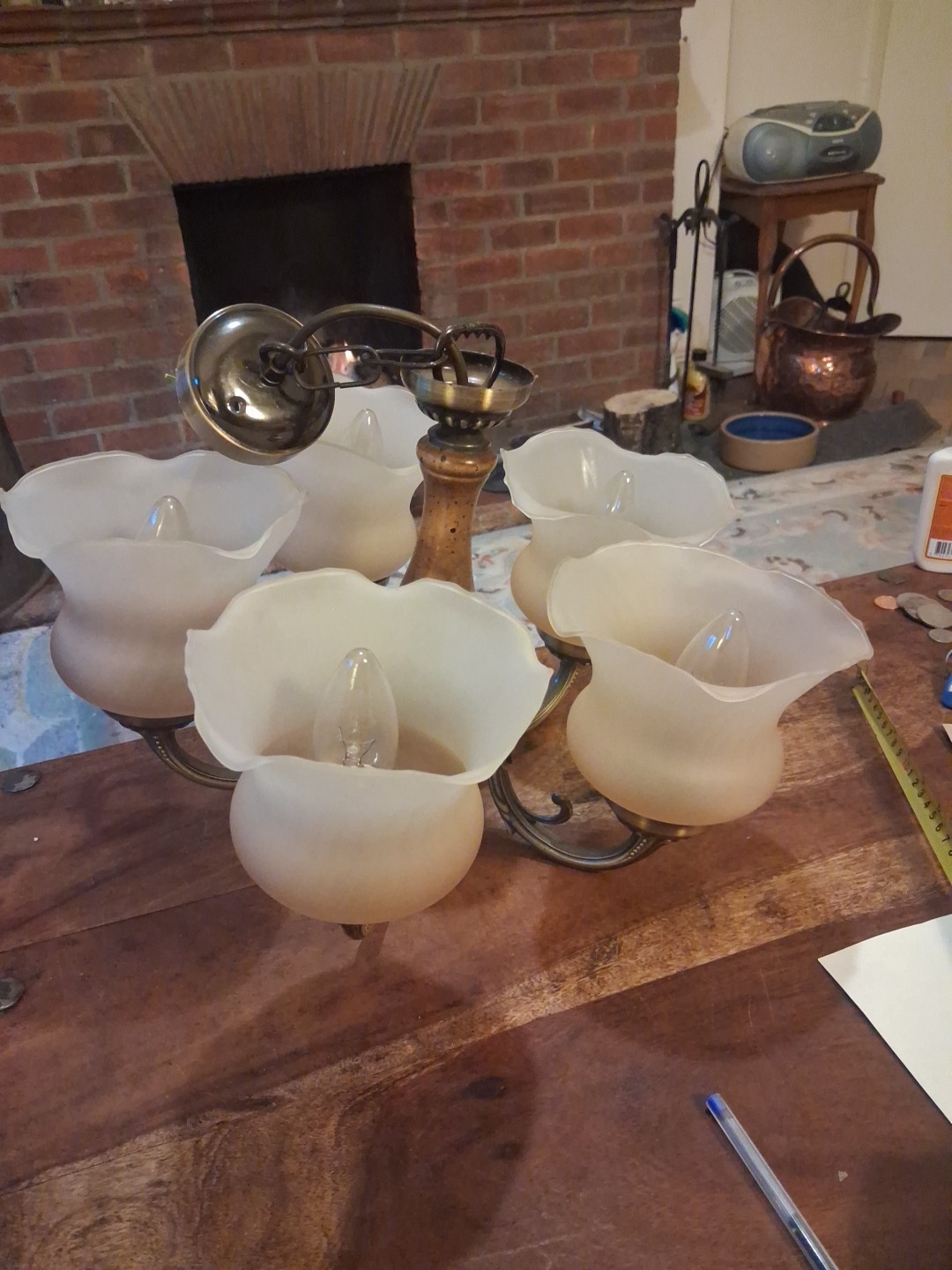 Chandelier 5 arm Lights vintage Brass Glass Tulip Shaped Shades Fixture