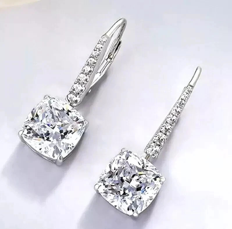 3Ct Cushion Cut Lab Created Diamond Pretty Drop Earrings 14K White Gold Plated