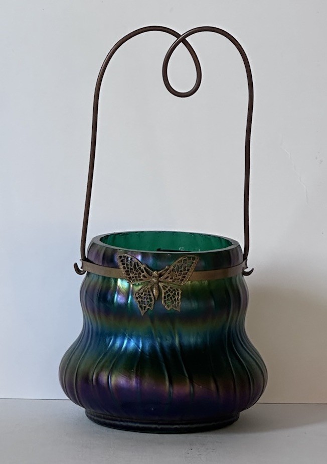 Antique Loetz Iridized Rainbow Glass Basket Brass Filigree Butterfly & Handle