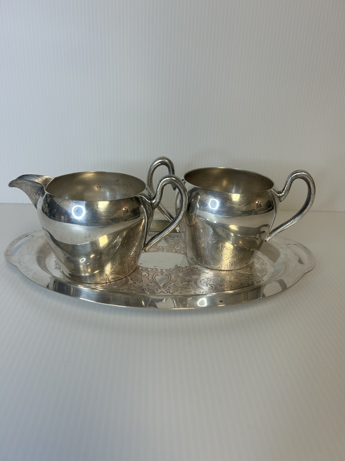 Gotham Silver 3 Piece Silver plate Cream And Sugar With Decorative Tray VTG