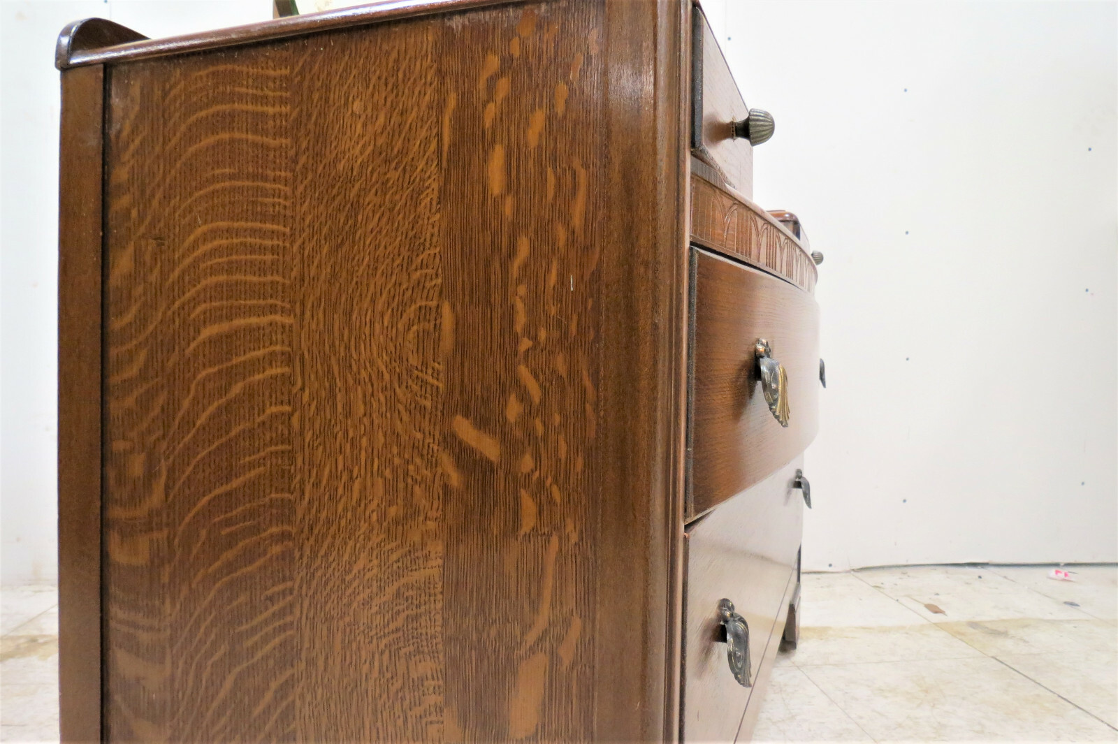 Vintage English Tiger Oak Dresser With Beveled Mirror And Radial Top Drawer
