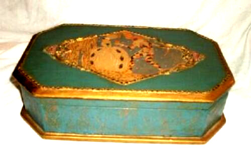 ART DECO GESSO BOX BARBOLA ROSES HARLEQUIN LADY 1910 GUMPS SAN FRANCISCO AQUA