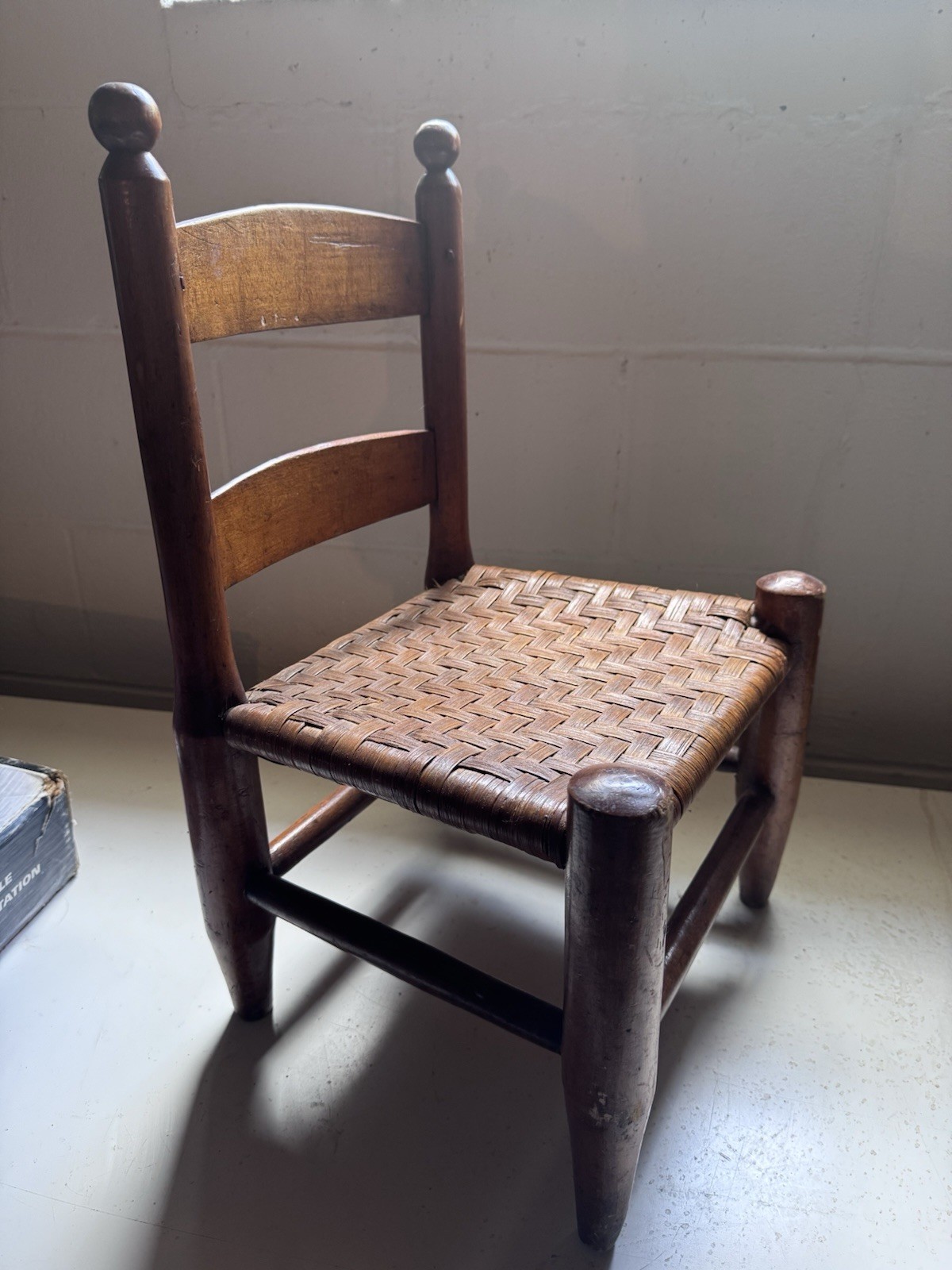 Antique Early American Primitive Ladder Back Child’s Chair with Woven Wood Seat