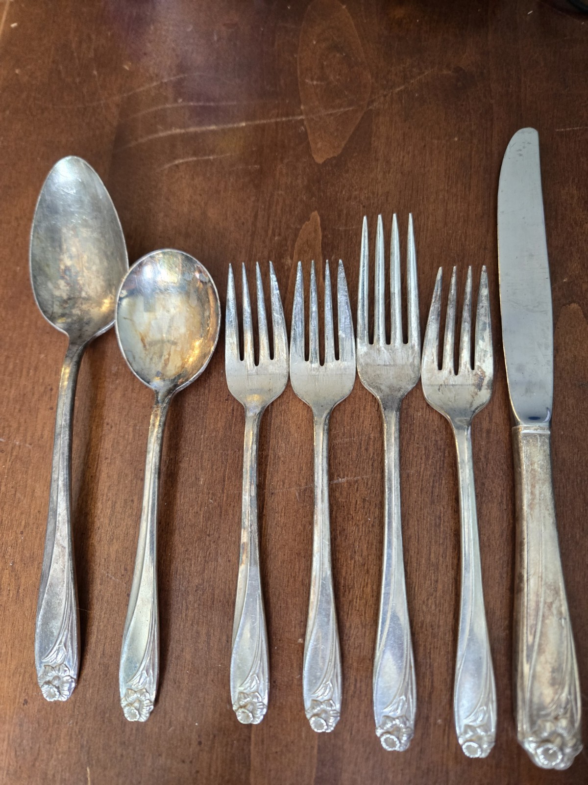 1847 Rogers Bros Daffodil Silverware Flatware IS Vtg 7 Pieces
