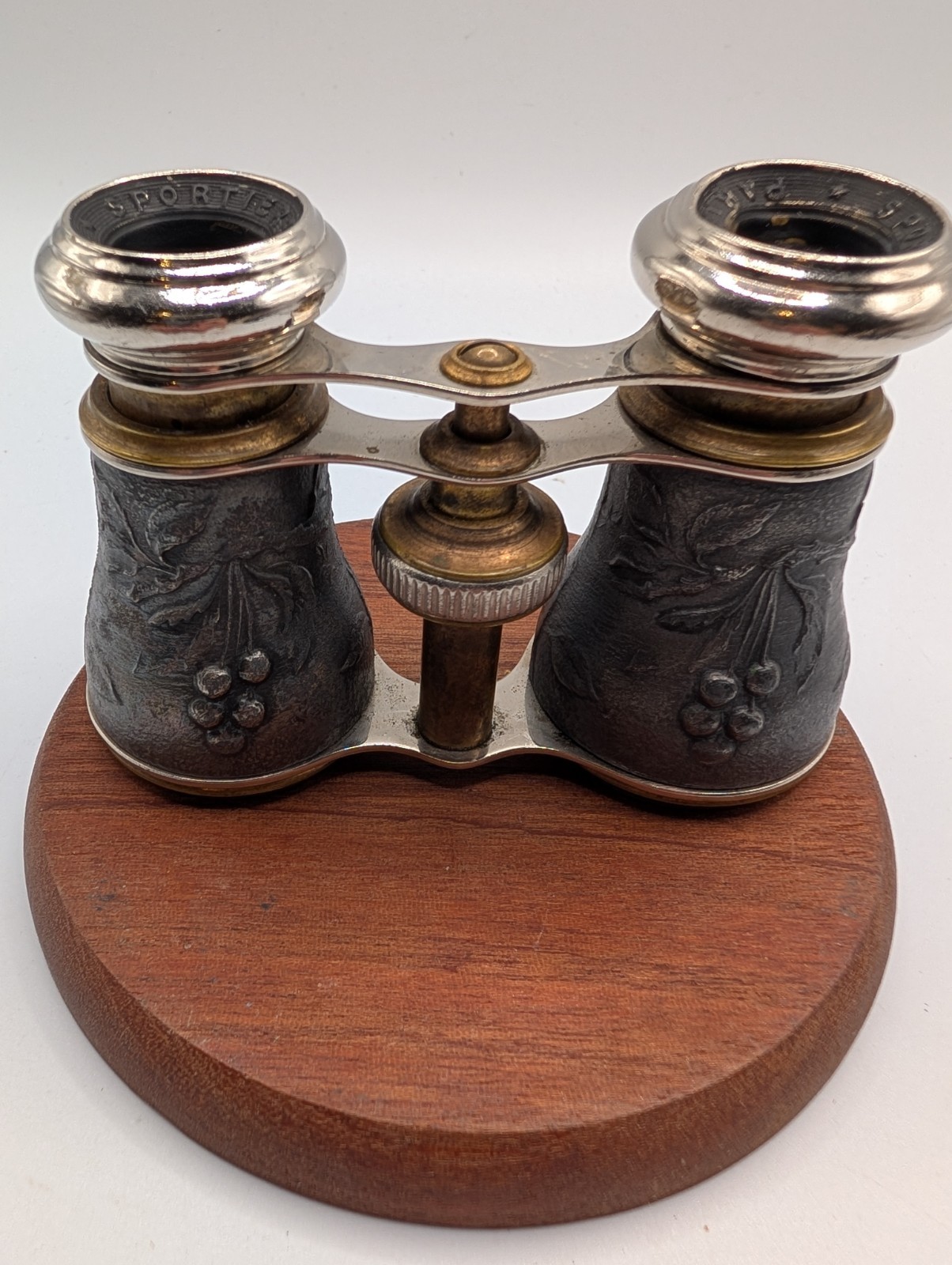 Antique French Portiere Paris Opera Glasses / Binoculars, Embossed Pewter Brass