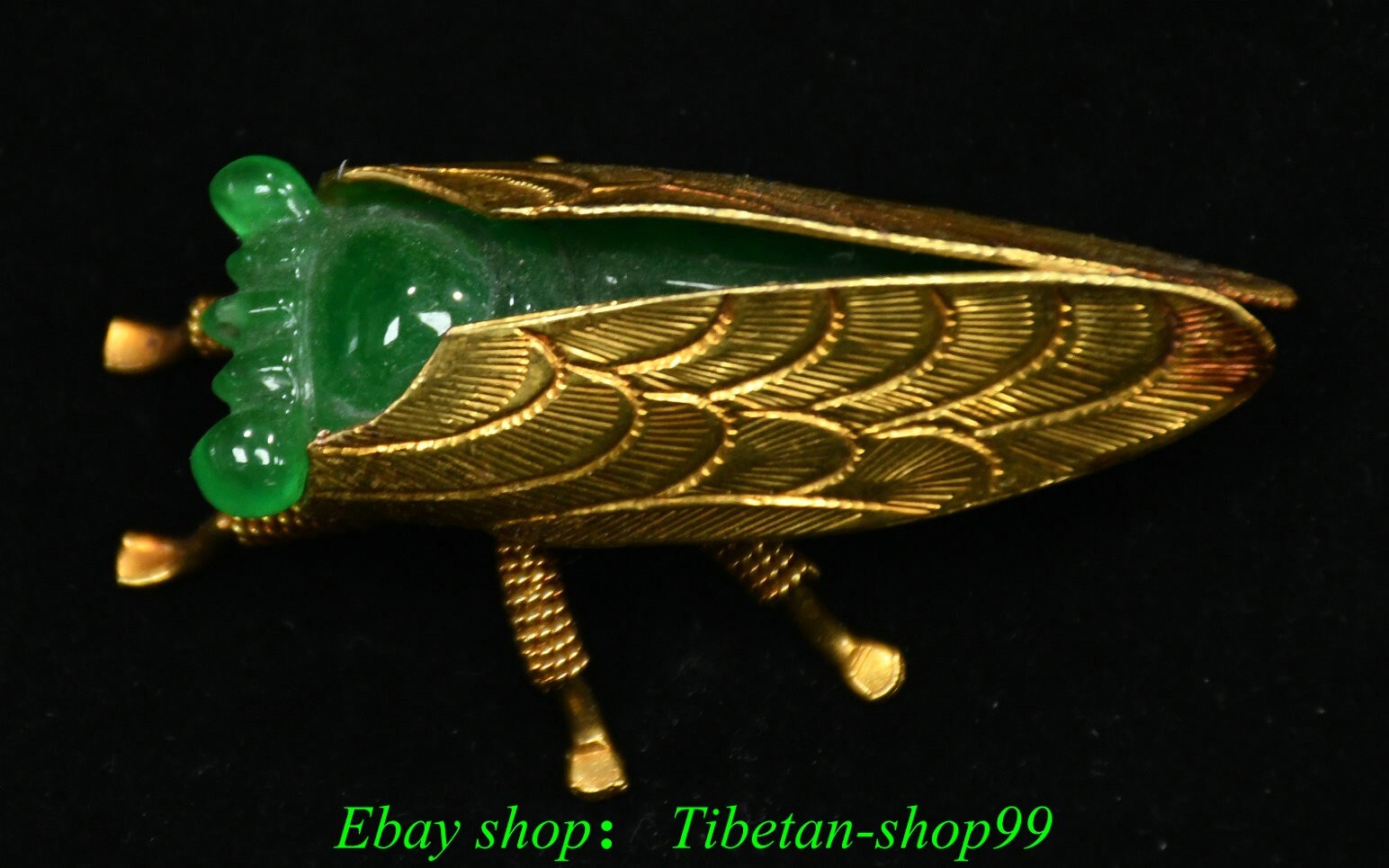 2.1”Old Dynasty Bronze Gilt inlay Green Jade Carced Insect Cicada Cicala Statue