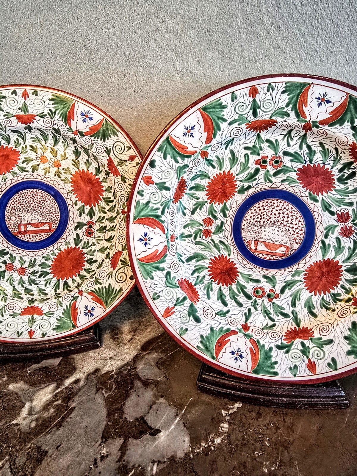 Pr. Of English Georgian Polychrome Enameled Stylized Beast Animal Plates C. 1805