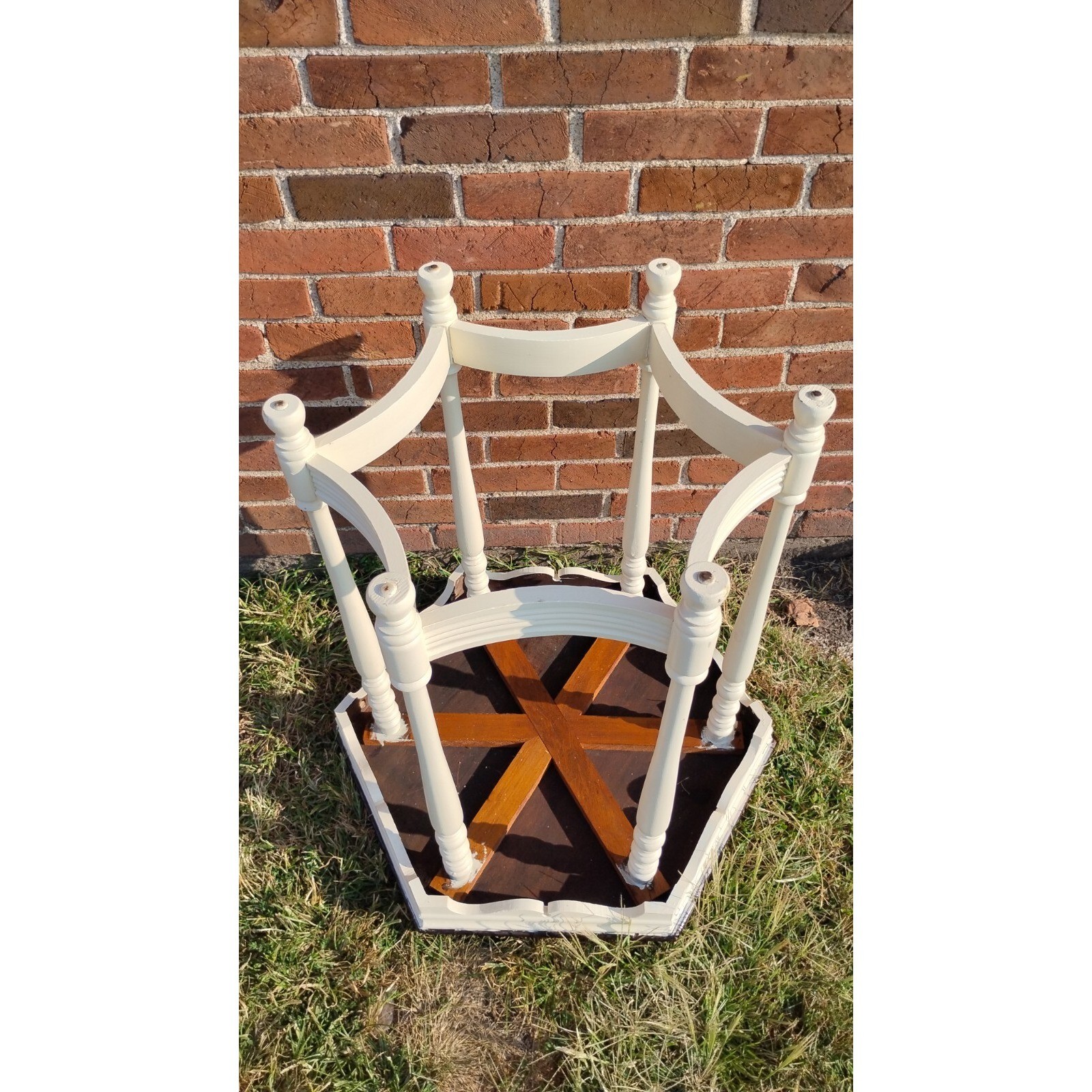Antique Solid Wood/White Hexagon Parlor Table Ornate Architectural 28×25″ 30″ T