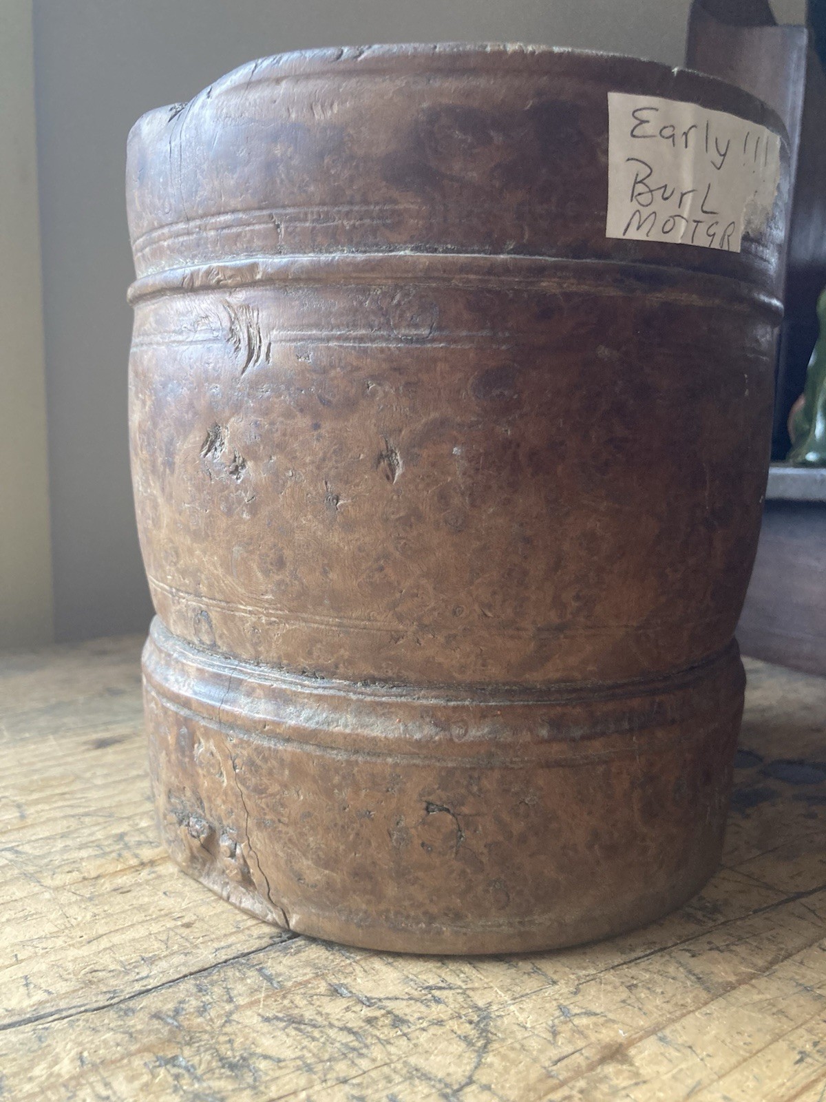 Fantastic! Large antique Primitive turned BURL Wooden Mortar