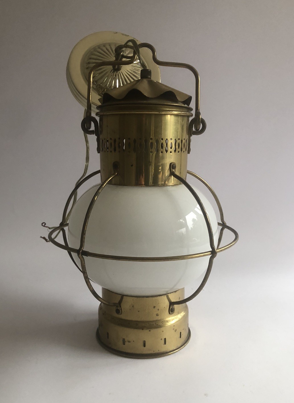 Vintage Nautical Brass Lantern White Globe Electric Lamp Ceiling Hard Wired A2